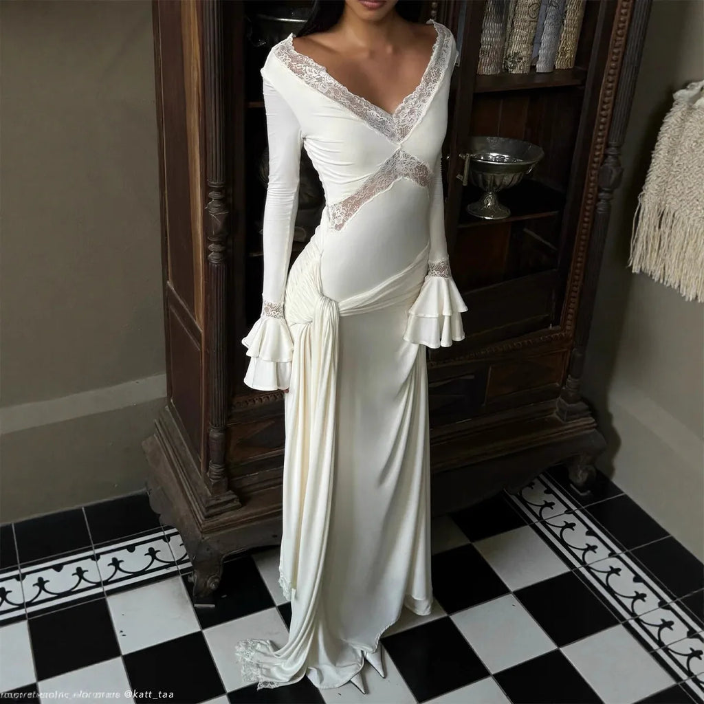Women Elegant Long Sleeve Deep V-Neck Maxi Dress White Slim Fit Ruched Lace Patchwork High Waist Party Wedding Sexy Evening Gown
