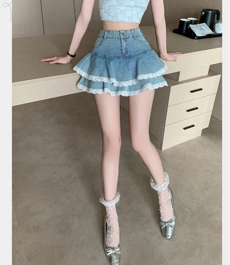 Women's Denim Skirts New Spring Summer Fashion High Waist Lace Decoration Shorts Mini Skirts for Women