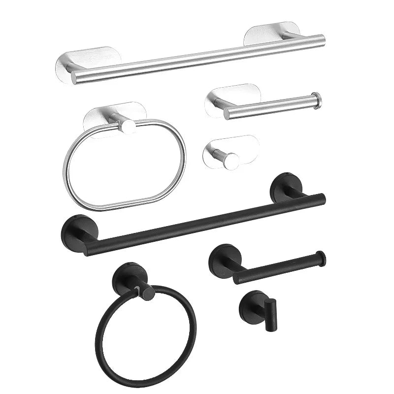 4pcs Bathroom Punch-free Towel Bar Set Stainless Steel Bathroom Hardware Wall-mounted Towel Rack Hook Tissue Holder