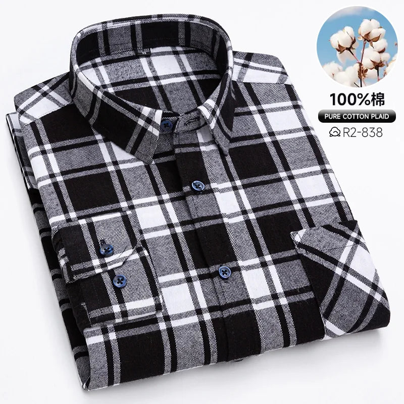 Classic Retro Plaid Flannel Shirt Long Sleeve 100% Cotton Fashion Casual Soft Spring Autumn Winter Standard Pocket Men's Shirt