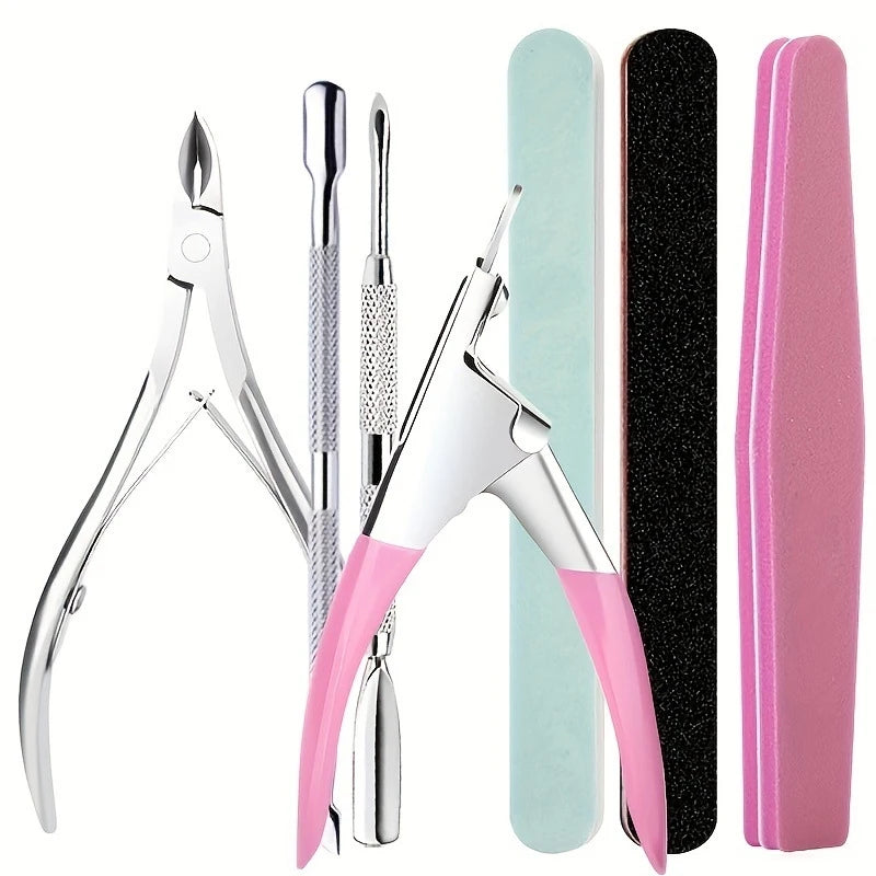 7Nail care tool set: polishing strips, nail file, polishing bar, stainless steel cuticle scissors, cuticle pusher, manicure and