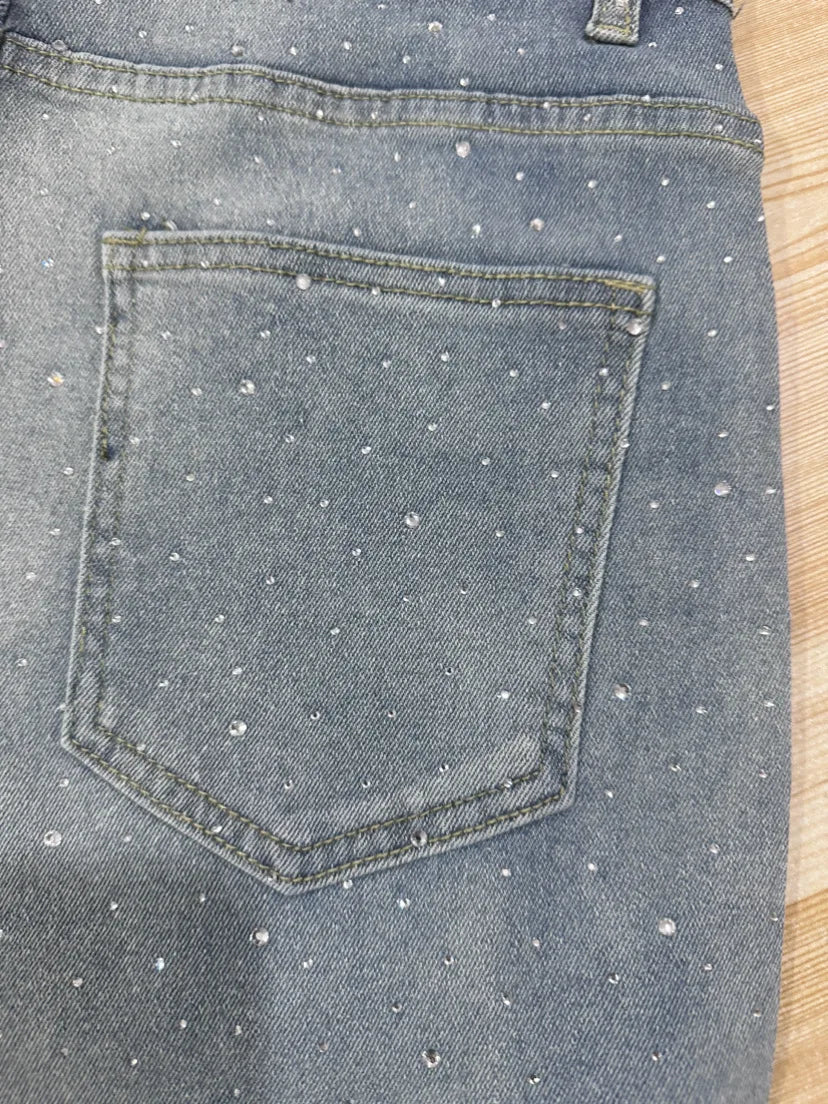 Shiny Rhinestone Jeans Pants Sexy Women High Waist Elegant Night Club Diamonds Denim Straight Trousers