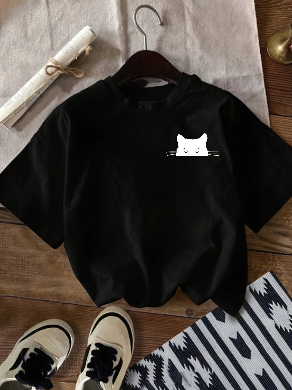Cat Print Crew Neck T-Shirt Casual Short Sleeve T-Shirt For Spring & Summer Women's Clothing