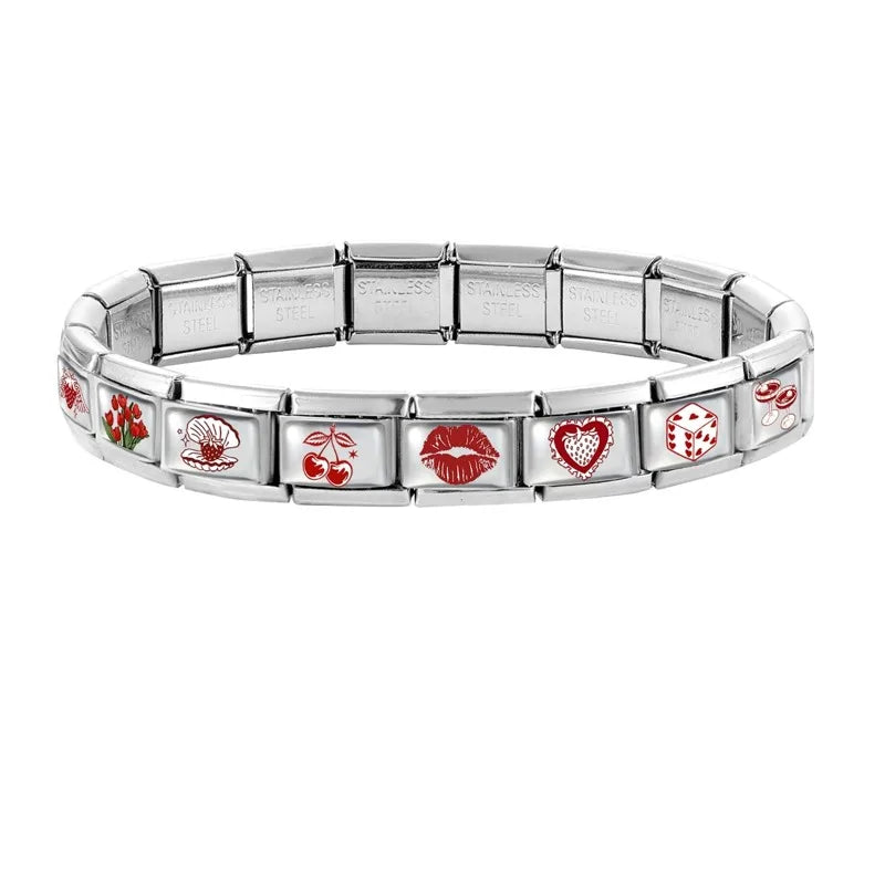 Fashion Red Series Heart Flower Bowknot Cherry Women Men Charm Link fit 9mm Stainless Steel Italian Bracelet Making DIY Jewelry