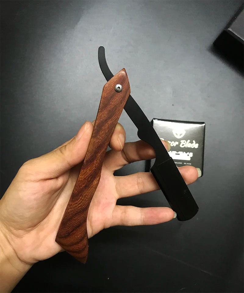 wooden trimmer manual shaver professional straight edge stainless steel sharp barber razor folding shaving blade shave beard cut