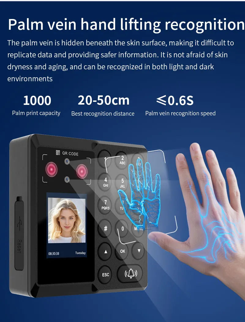 Palm Vein Face Recognition Access Control System Employee Attendance Machine Fingerprint Unlocking RFID Card