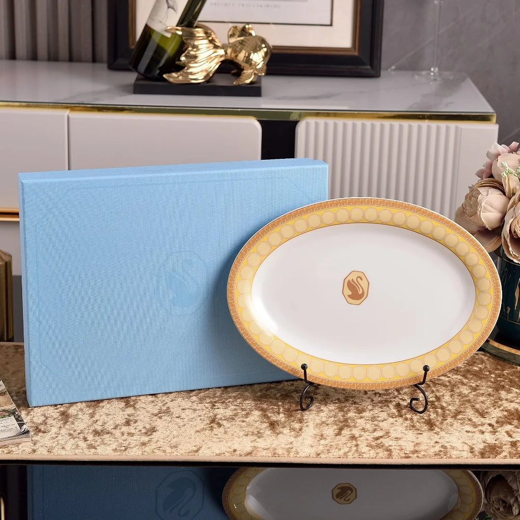 Swan Theme Serving Plate Dessert Soup Plate Fish Plate Large Round Tray Luxury Tableware for Home Use Ceramic China Bone