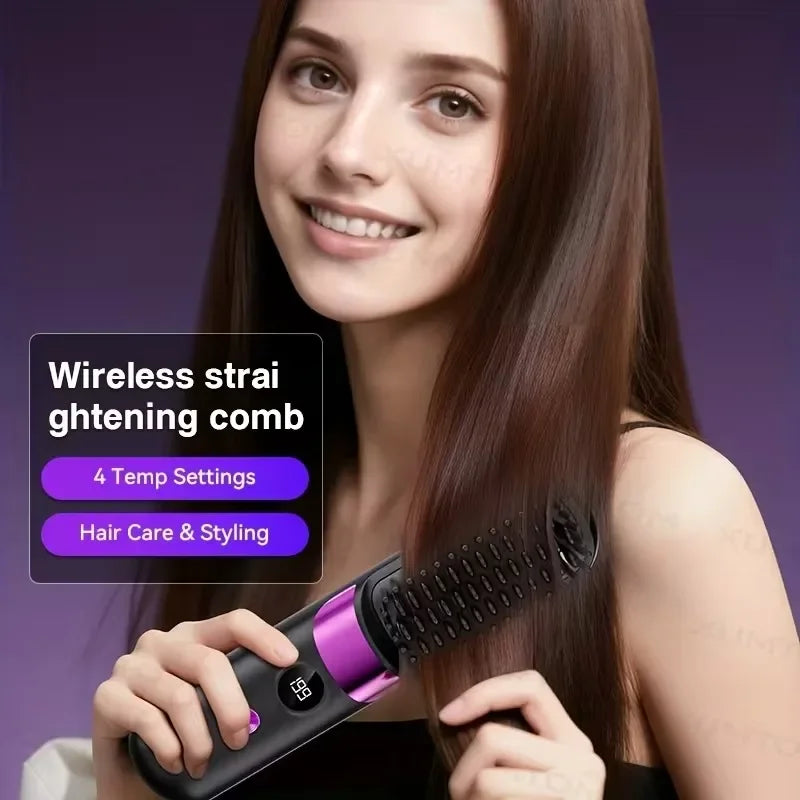 Portable Mini 2-in-1 Hair Straightener and Curler, Wireless USB Rechargeable, For Home & Travel Use, With LCD Display