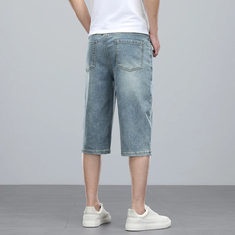 Summer men's six inch shorts over the knee thin straight tube minimalist elastic denim shorts Baggy Jeans Shorts for Men  3/4