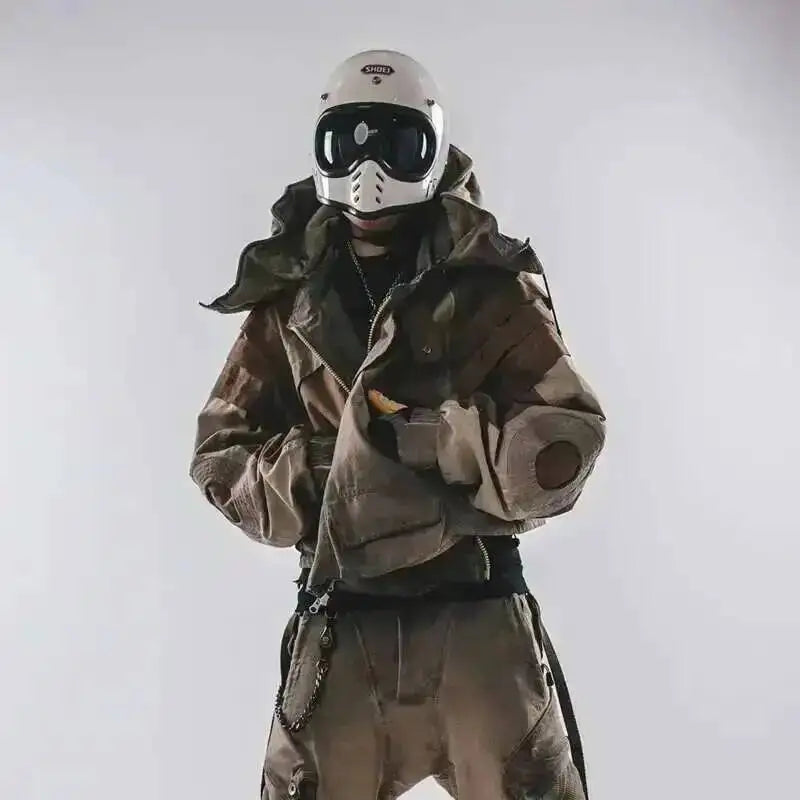 HKSH Autumn New Men's Hooded Distressed Patchwork Folded Waste Land Tactical Punk Techwear Shoulder Batwing Sleeve Jacket HK2392