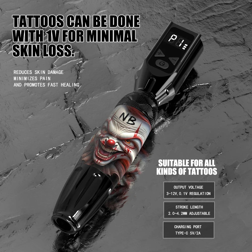 Wireless Clown Digital Tattoo Pen Kit 10 Needles 7 Color Ink Supplies for Beginner Tattoo Artists