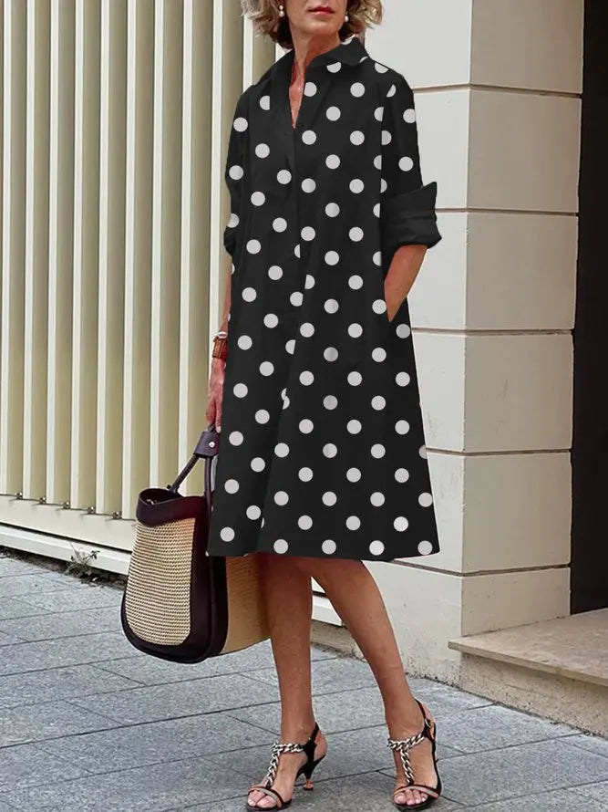 Uoozee Women's Fashion Polka Dot Lapel Shirt Dress 2026 New Spring Long Sleeves Loose Elegant Urban Casual Office Midi Dresses