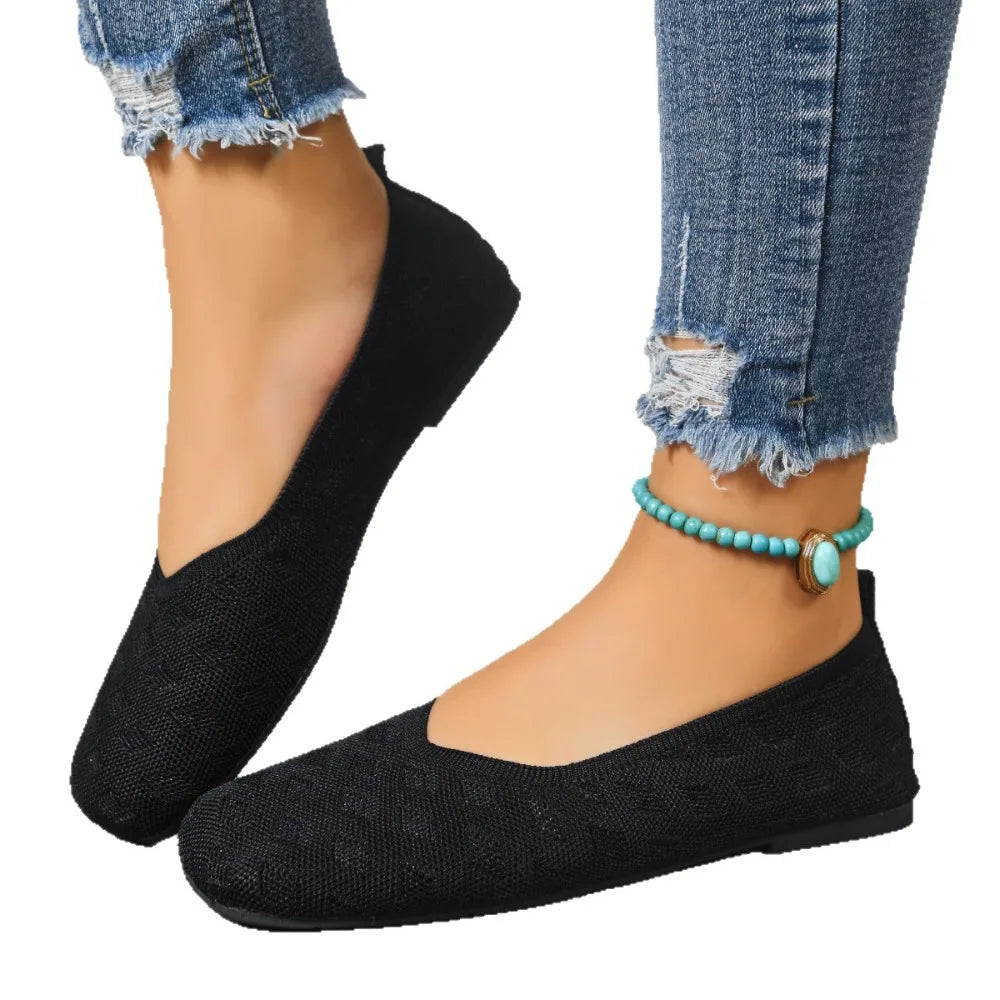 New 2026 Spring/autumn Square Toe Flat Office Boat Solid Color Knitted Slip on Shoes Casual Ballet Flats Shoes Women Loafers