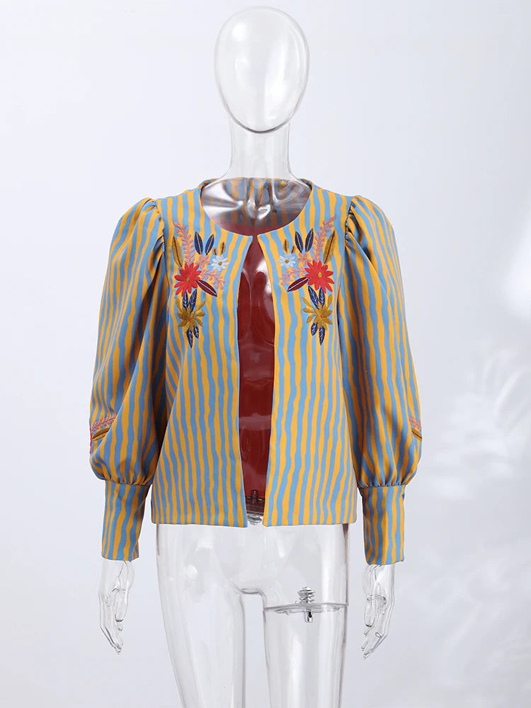 Fashion Striped Flower Embroidered Jacket Round Neck Long Sleeve Loose Coat Casual 2026 Early Autumn New Daily Ladies Clothing