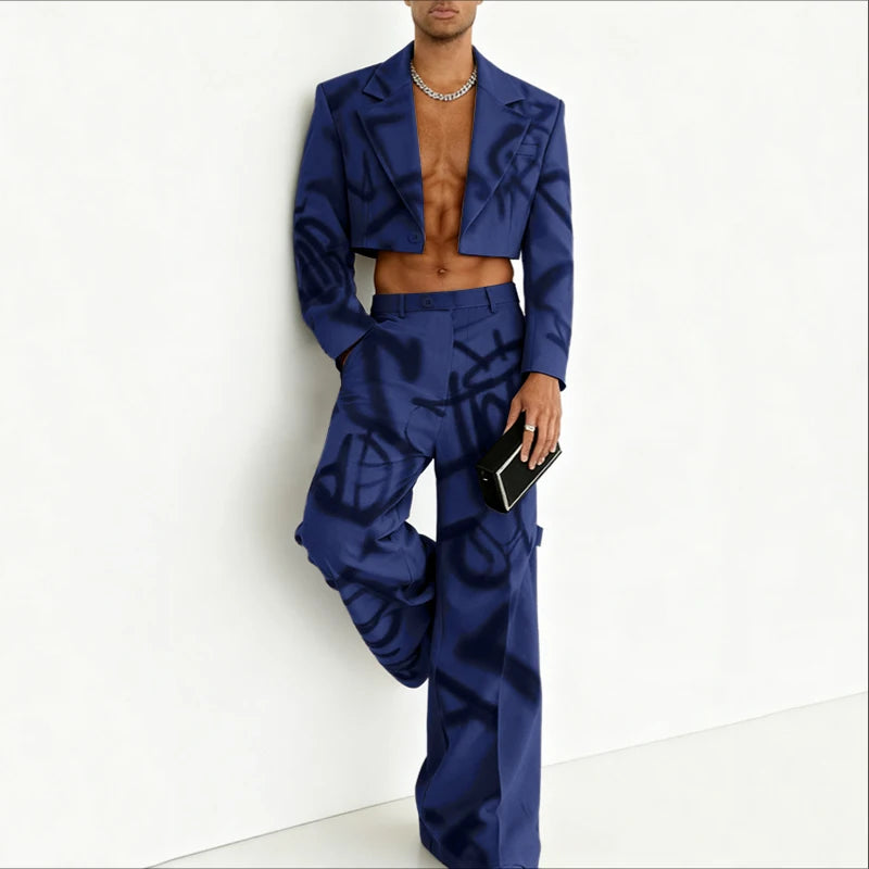 INCERUN Men Sets Printing Lapel Long Sleeve Crop Blazer & Pants Two Pieces Sets Streetwear Personality Fashion Men Casual Suits