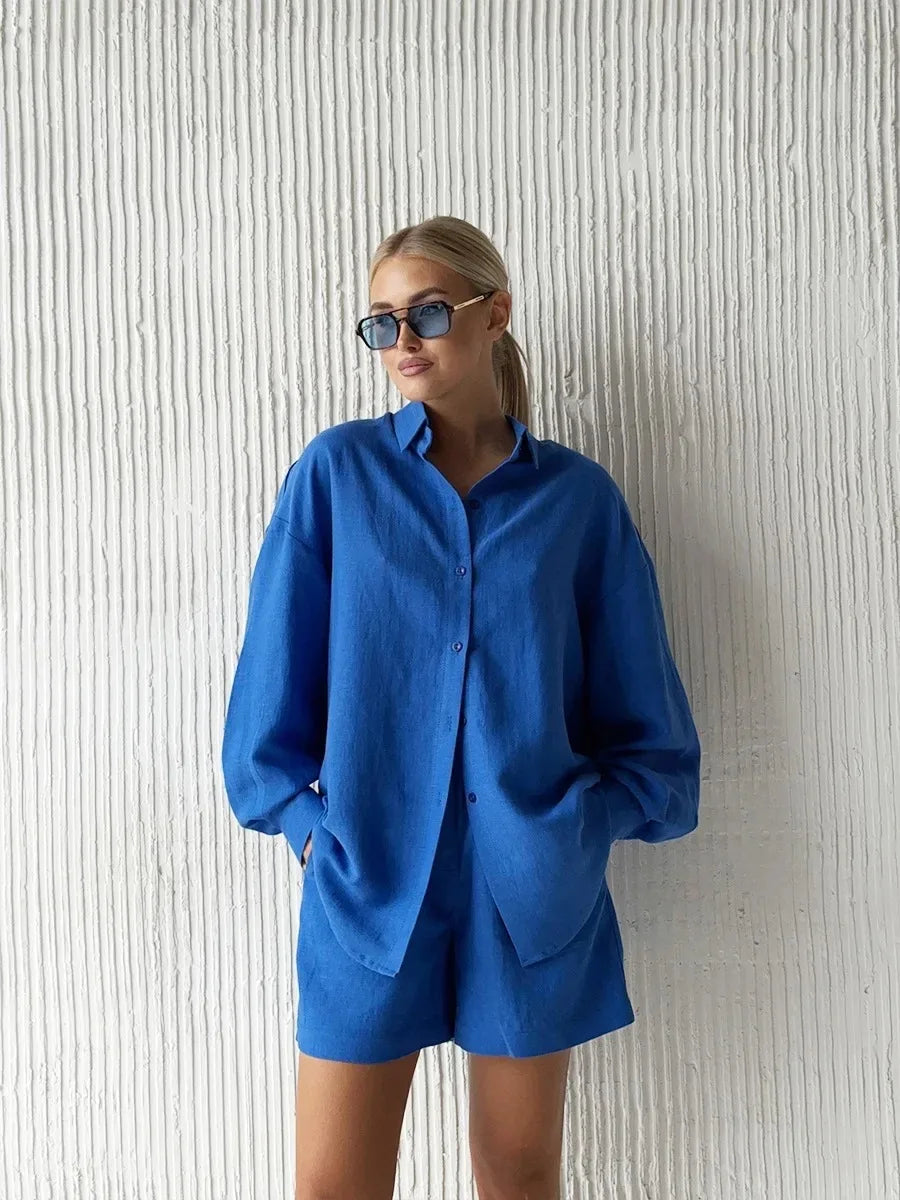 Women 2 Piece Shorts Set Casual Solid Loose Holiday Tracksuit Long Sleeve Cardigan And High Waist Female Shorts Sets 2025 Summer