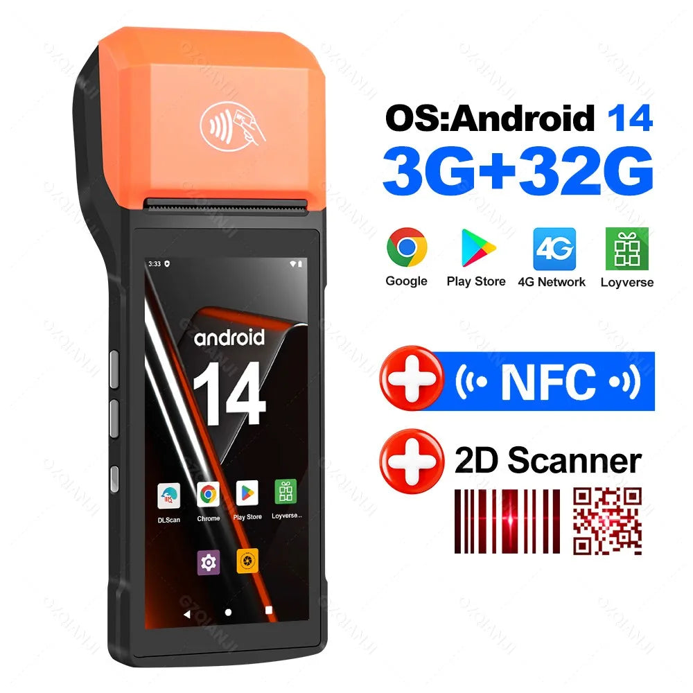4G Android 13/14 Handheld POS Printer with 58mm Thermal Printing, 1D2D Scanner, NFC optional Compatible with Loyverse POS, Grab