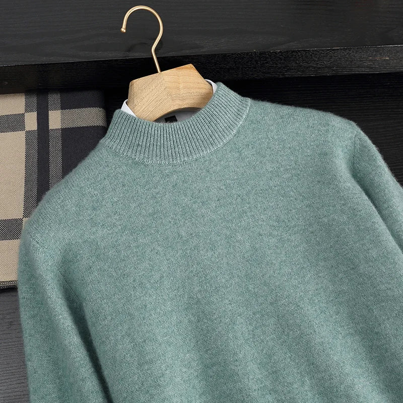 Autumn/Winter Men's 100% Cashmere Pullover Business Casual Solid Knitted Sweater Loose Half High Neck Tops Thick Warm Jumper