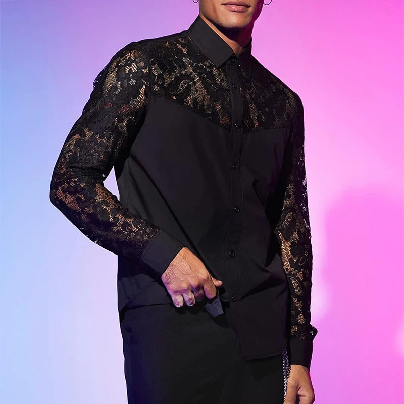 Sexy See Through Mesh Shirts Mens Long Sleeve Embroidery Mesh Lace Shirt For Men Spring Autumn Fashion Buttoned Lapel Cardigans