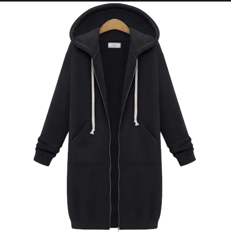 Autumn Winter Women's Hooded Long Sleeve Mid-Length Sweatshirt Fleece Jacket Comfortable Casual Style Polyester Fabric