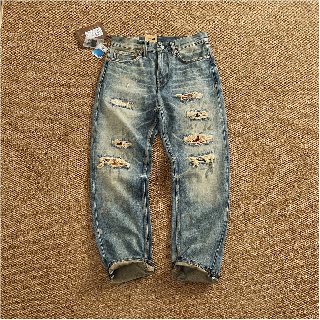 2025 Autumn New American Retro Heavyweight Ripped Denim Men's Fashion 100% Cotton Washed Old Straight Tapered Casual Jeans