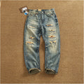 2025 Autumn New American Retro Heavyweight Ripped Denim Men's Fashion 100% Cotton Washed Old Straight Tapered Casual Jeans