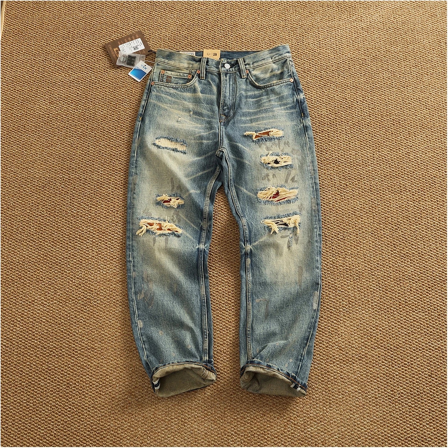 2025 Autumn New American Retro Heavyweight Ripped Denim Men's Fashion 100% Cotton Washed Old Straight Tapered Casual Jeans