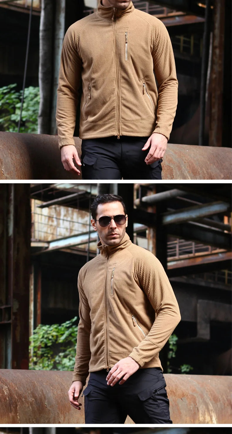 Men's Tactical Grid Fleece Jacket Full Zip Stand Collar Warm Windproof Outdoor Hiking Fishing Fleece Coat Base Layer