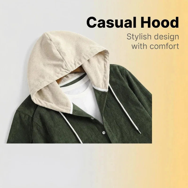 New Men's Corduroy Hoodie Shirt Long Sleeve Casual Streetwear Pocket Splicing Color Block Loose Fit Tops Autumn Spring Coats