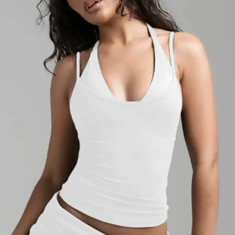 PMWRUN Women Yoga Tank Top Halter Neck Double Layer Built-in Bra Breathable Quick Dry Soft Stretchy For Gym Yoga Workout