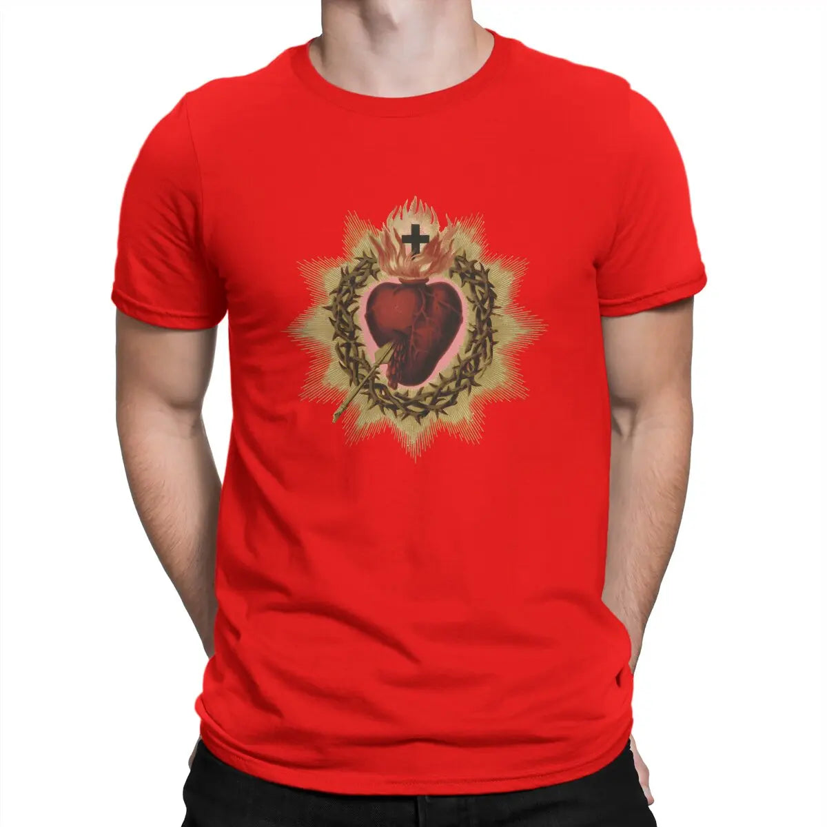 Sacred Heart  Catholic T Shirt Men Cotton Vintage T-Shirt Crewneck Jesus God Cross Tee Shirt Short Sleeve Clothing Gift Idea