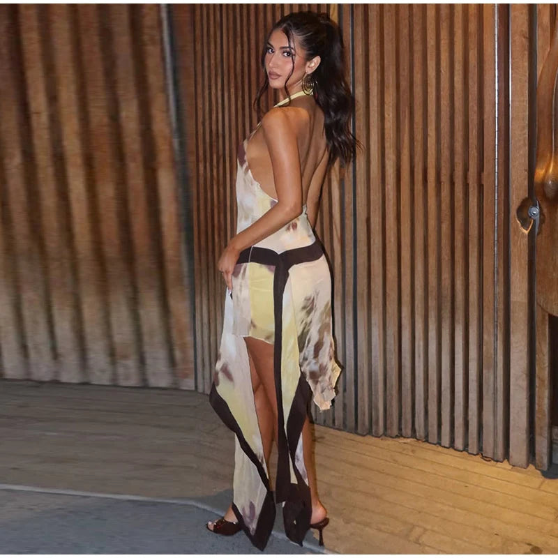 Yellow Brown Tie-Dye Midi Dress Print Halter Neck Open Back Asymmetric Hem Chiffon Dresses 2026 Party Women Fashion Chic Outfit