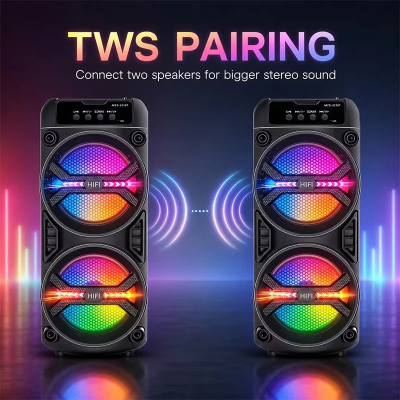 Portable Bluetooth speaker, colorful ambient lights, dual subwoofers with deep bass, supports BT/TWS/FM/USB/AUX/TF/microphone