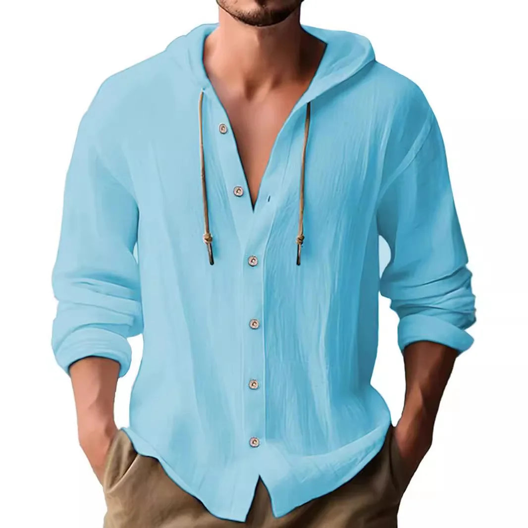 Summer Men's Linen Shirt Solid Streetwear Long Sleeve Hoodie Cardigan Clothing For Men Button Tops Casual Loose Men Hooded Shirt