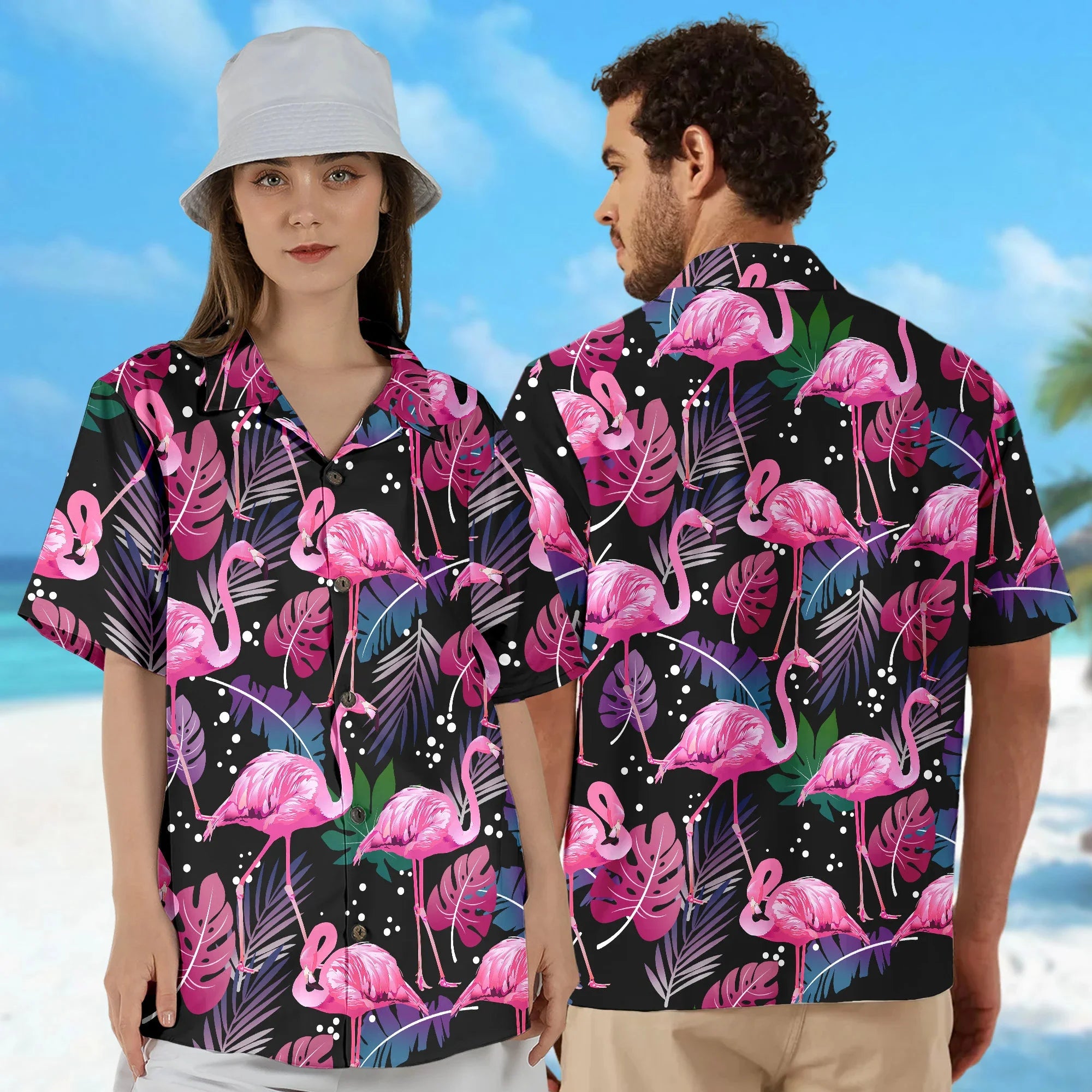 2025 Summer Popular Flamingo Skull  Print Hawaiian Shirts Men Women Comfortable Soft Short Sleeve Shirt Street Daily Trendy Tops