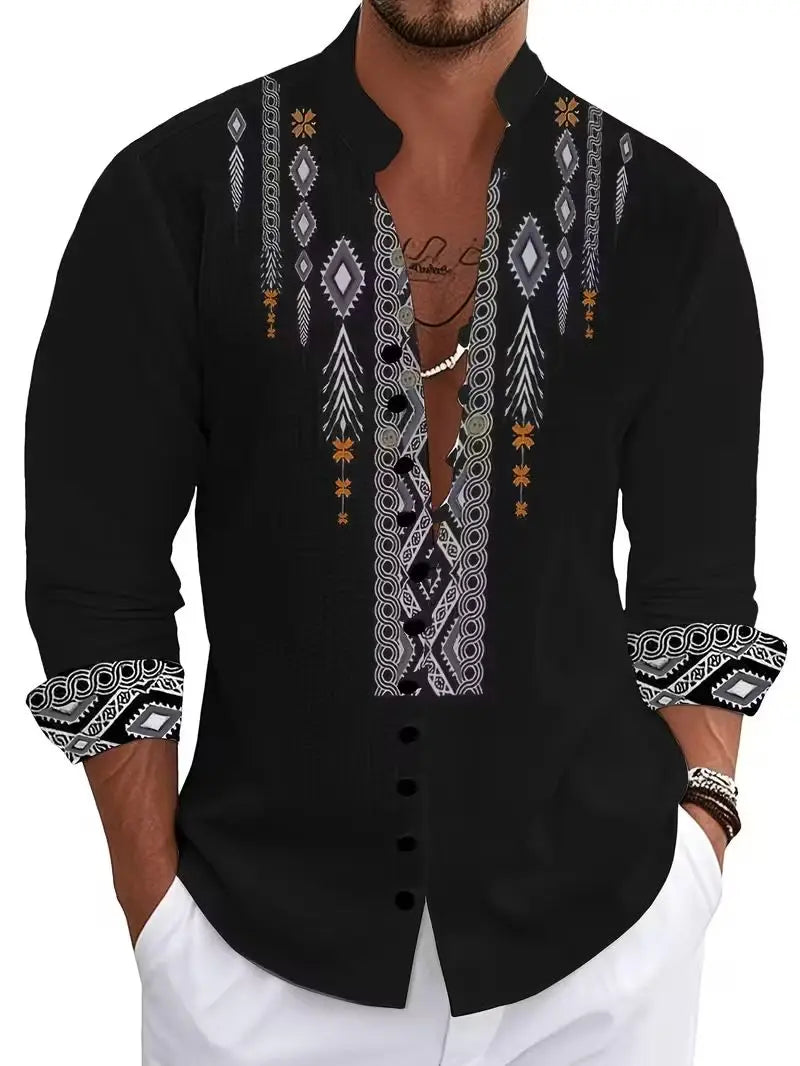 Men's Ethnic Embroidery Long Sleeved Shirt with Red and Black Floral Pattern, Comfortable and Fashionable Linen Long Shirt