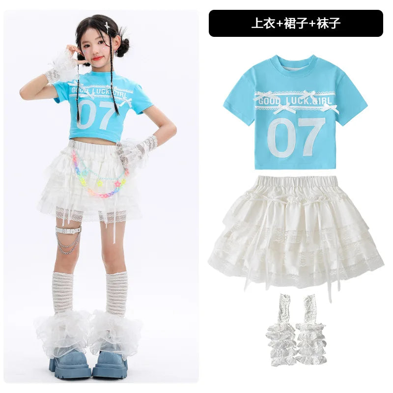 Kid Cute Hip Hop Clothing BLue Crop T Shirt Sleeves White Layered Lace Pleated Mini Skirt for Girls Jazz Dance Costume Clothes
