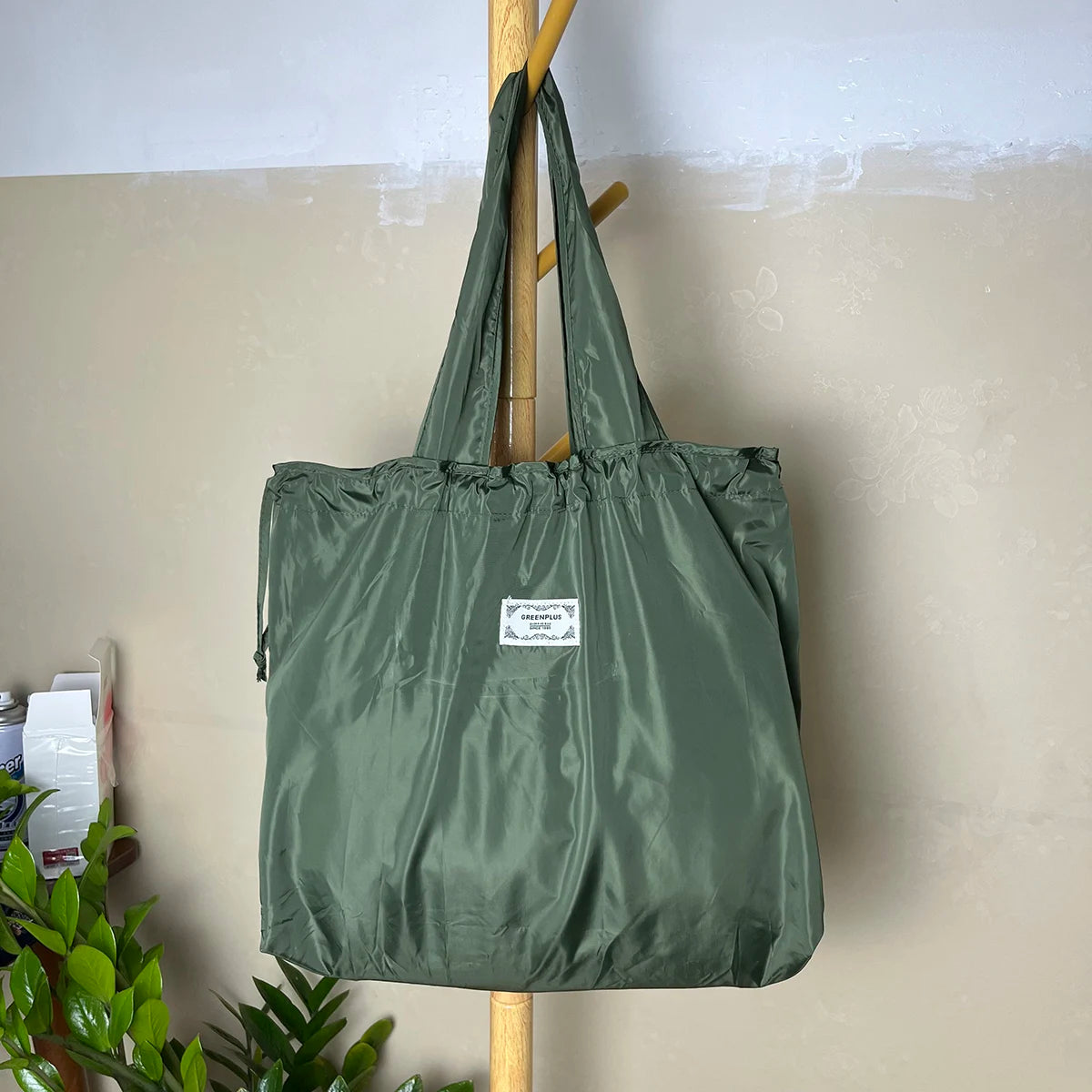 Extra Large Solid Color Foldable Drawstring Shopping Bag Portable Grocery Tote & Shoulder Bag