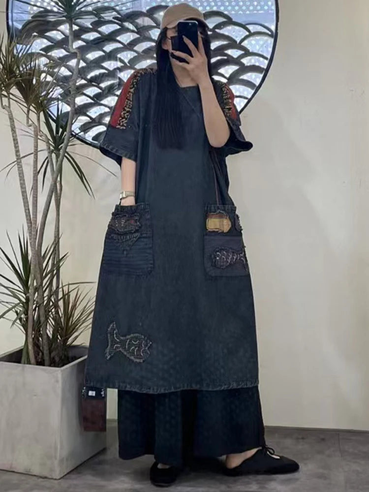 Amax LuluE Summer Chinese Womens Casual Embroidery Denim Dress Loose Cartoon O Neck Long Clothes Ladies Classic Vintage Vestidos
