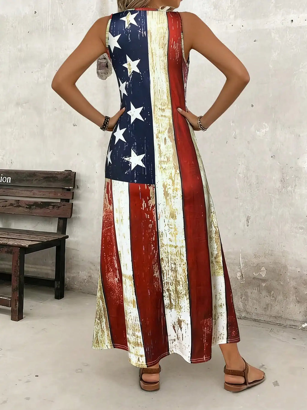 Women's Casual Long Tank Dress With American Flag Print- Round Neck Summer Sundress, Casual Vacation Outfit