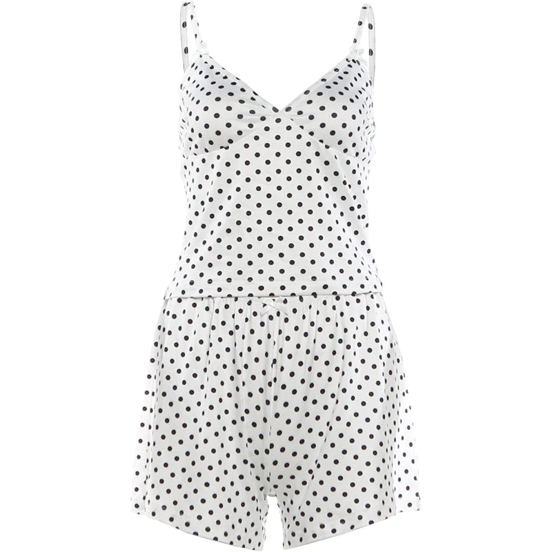 Nibber Street Bow Applique 2 Piece Set Women Fashion Polka Dot Print Low-Neck Sleeveless Camisole+Bike Short Sexy Party Suit