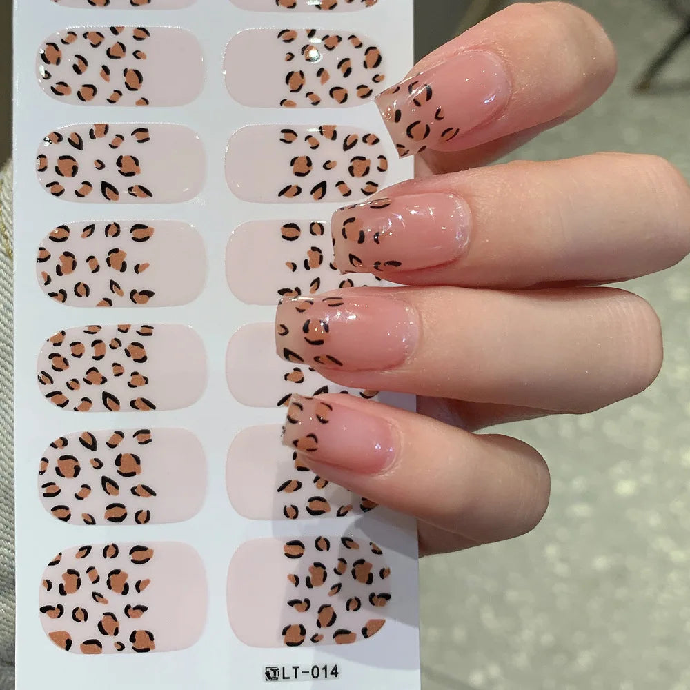 32 Strips Autumn Nail Stickers Semi Cured Full Cover Gel Nail Polish Strips Manicure Leopard Print Nail Patch