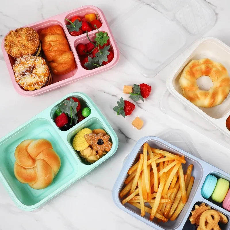 1pcs Lunch Box 3 Compartments Wheat Straw Rice Preparation Lunch Box with Transparent Plastic Cover Food Storage Container