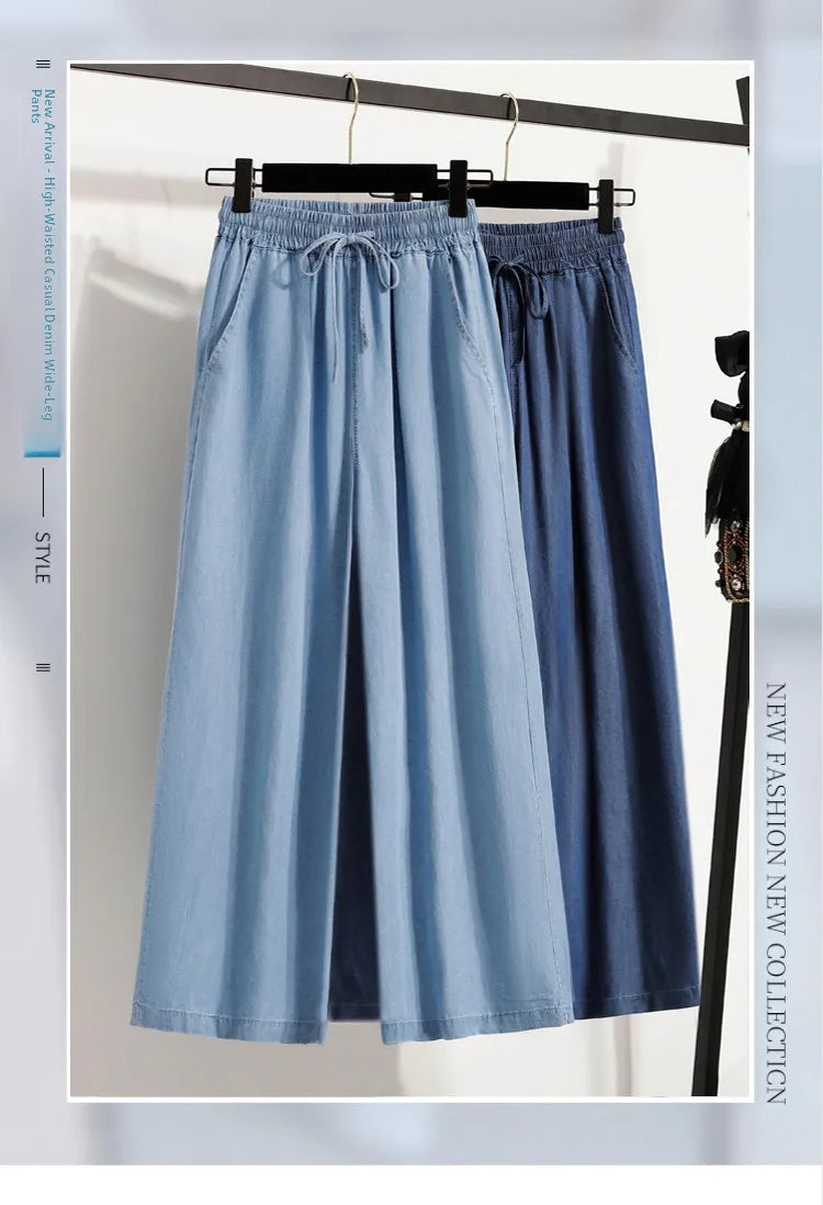 Women's Summer Slim Straight Leg Jeans Wide Leg Ice Silk Casual High Waist Trousers Cotton Polyester Blend No Ironing Needed