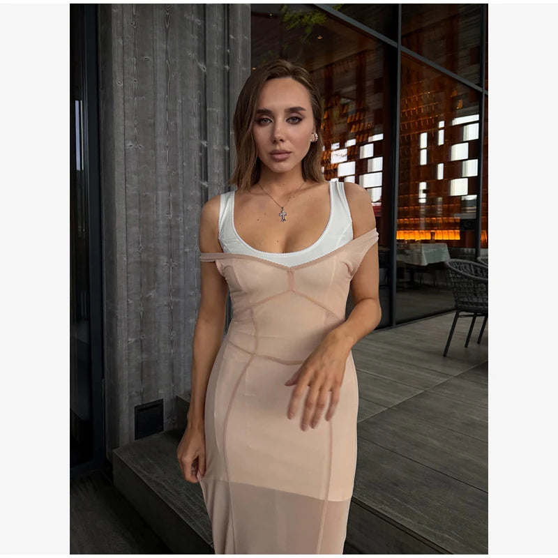 Women Sheer Mesh Overlay Midi Dress Waist Cinched Sleeveless Spaghetti Strap 2026 Summer Accessories Trendy Classy Lady Outfits