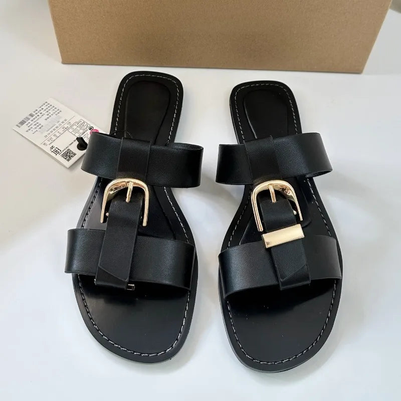 Summer Women Flat Slippers Sandals Fashion Metal Buckle Strap Open Toe Casual Beach Roman Shoes Ladies Zapatos De Muje