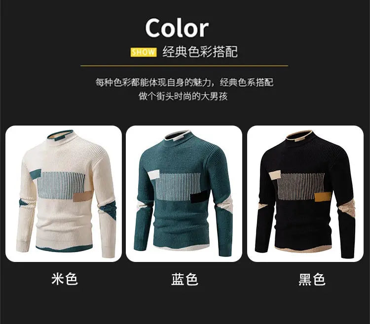 Striped Jacquard Man Pullover Sweaters Jersey Cuello Alto Hombre Autumn Winter Half High Collar Long Sleeve Men Knitted Sweater