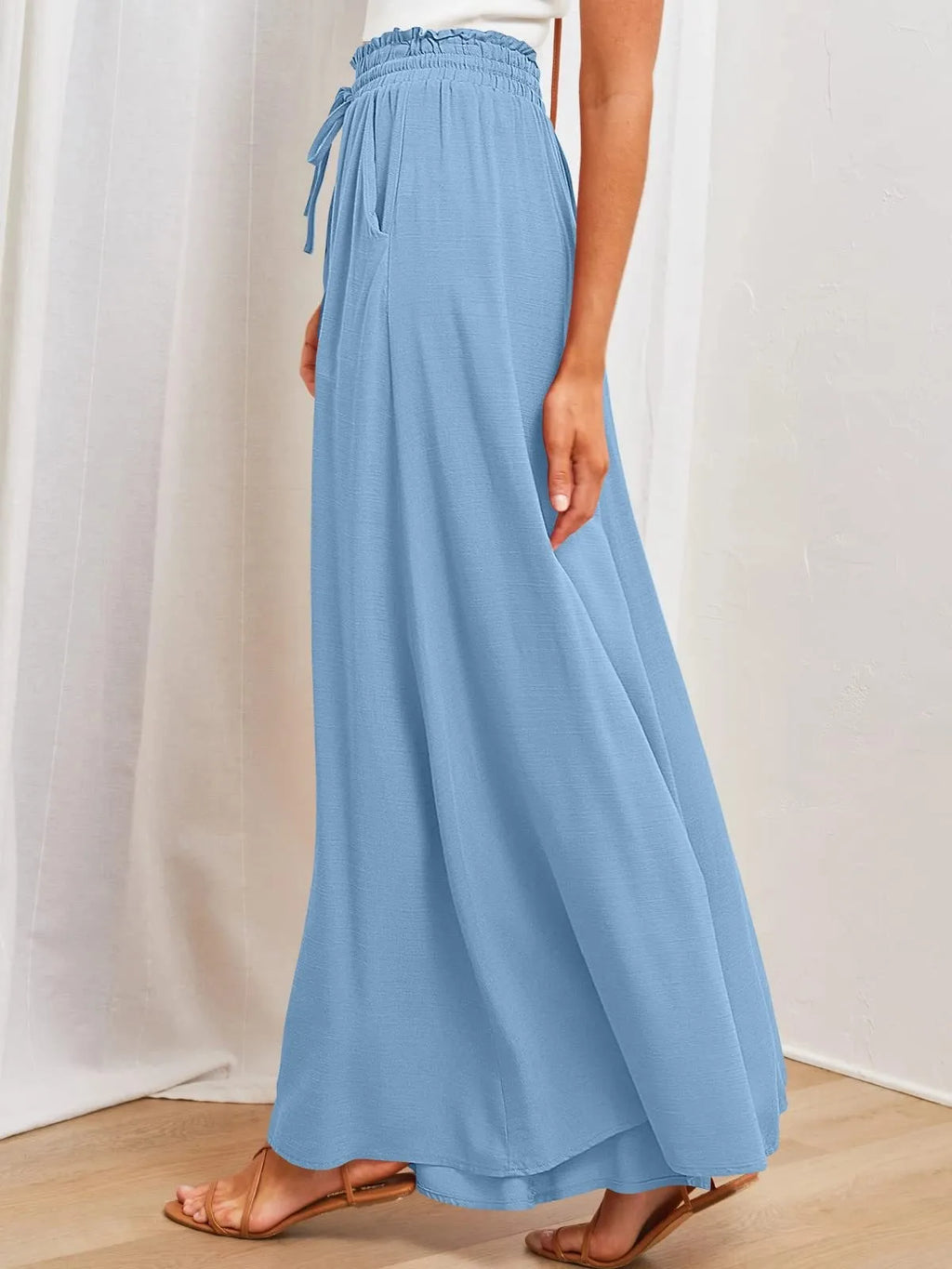 Women's Elastic Long Palazzo Pants Casual Urban Style Tie Detail Polyester Blend Woman Clothes Female Clothing Women's And
