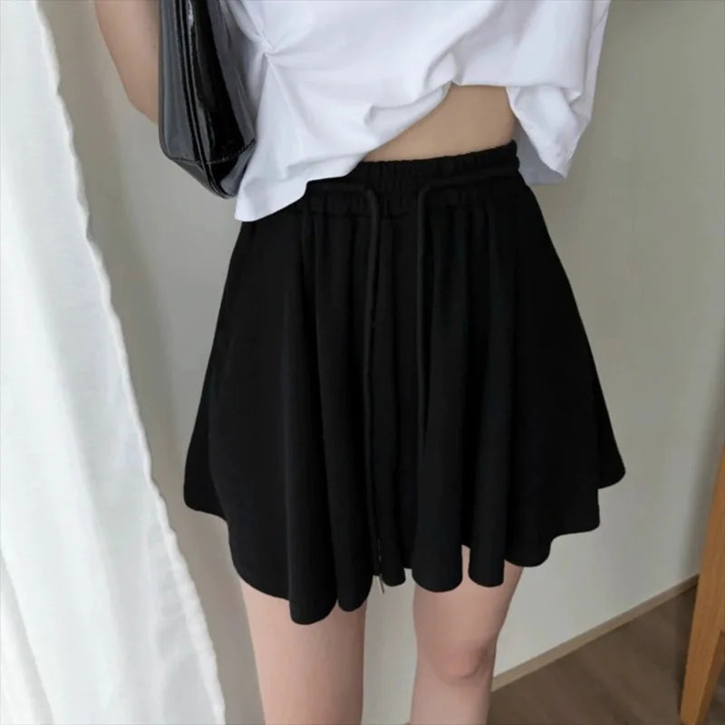 Women High Waist Drawstring Skort Solid A Line Wide Leg Casual Sports Pleated Shorts