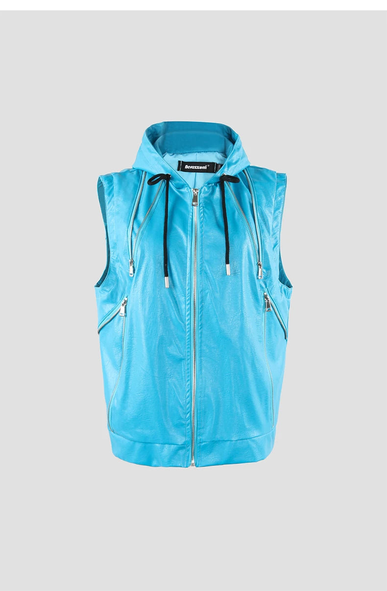 Mauroicardi Spring Autumn Luxury Elegant Cool Black Pu Leather Vest for Men with Hood Zipper Sleeveless Jacket Men Clothing 2023